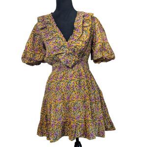 RAHI Anthropologie Floral Ruffle Mini Dress L Yellow Cotton Sleeve Cottagecore